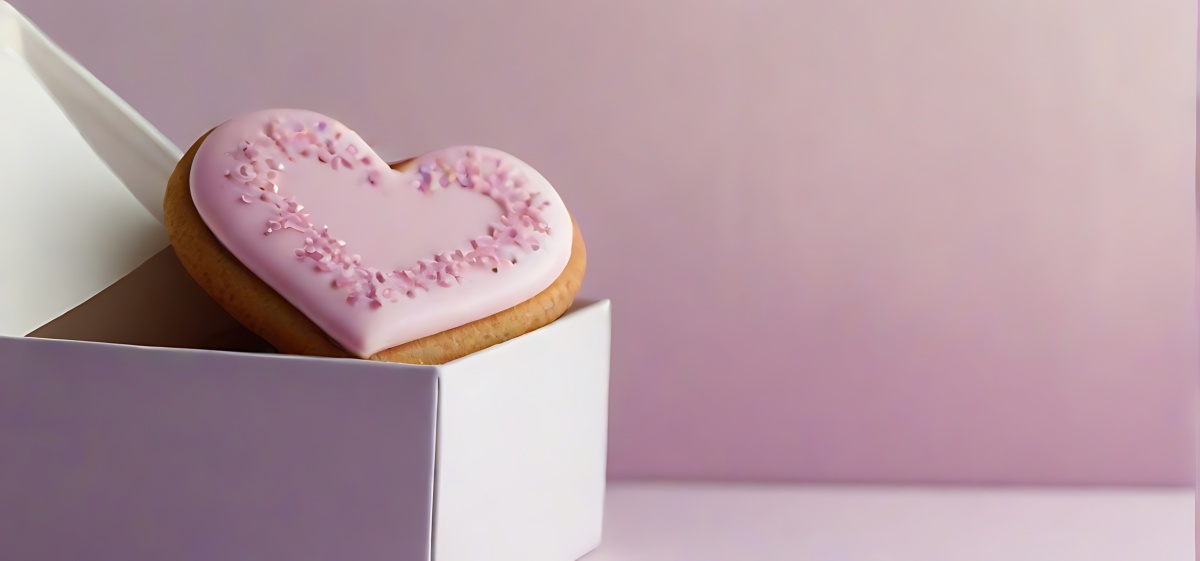 Ciastko w kształcie serca z różowym lukrem wystające z białego kartonu